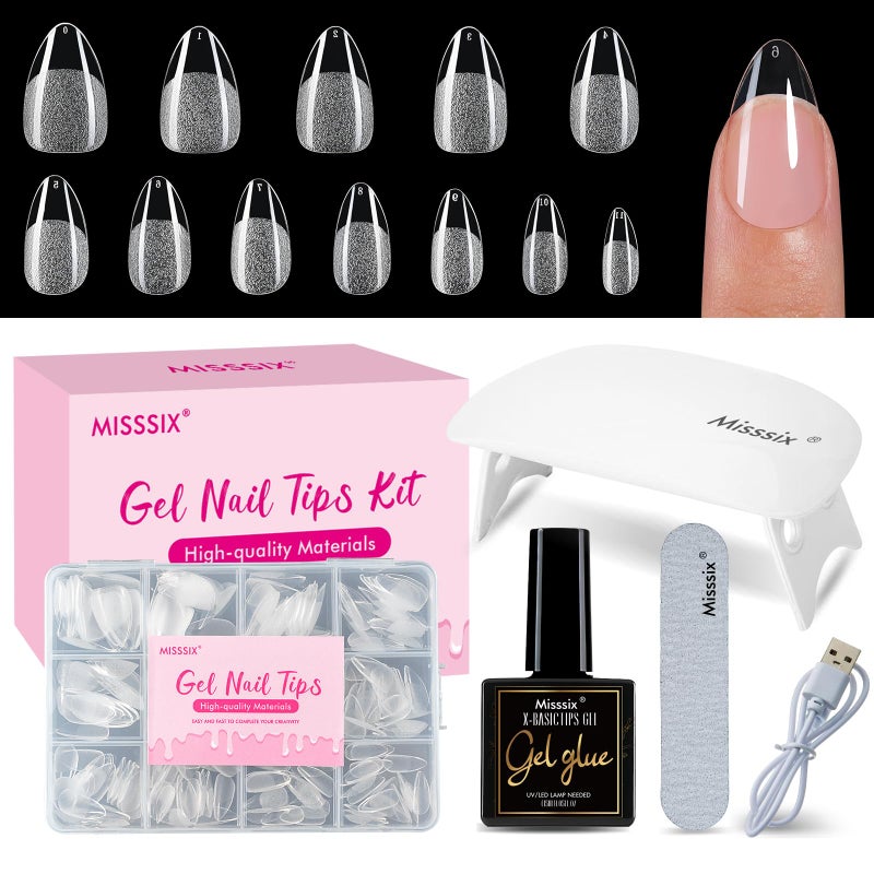 Misssix Short Almond Gel Nail Tips Kit 216Pcs Pre Etched Clear Fake Nails Full Cover False Nail 9in1 Gel Glue and Portable Mini U V Nail Lamp for Women 12 Sizes